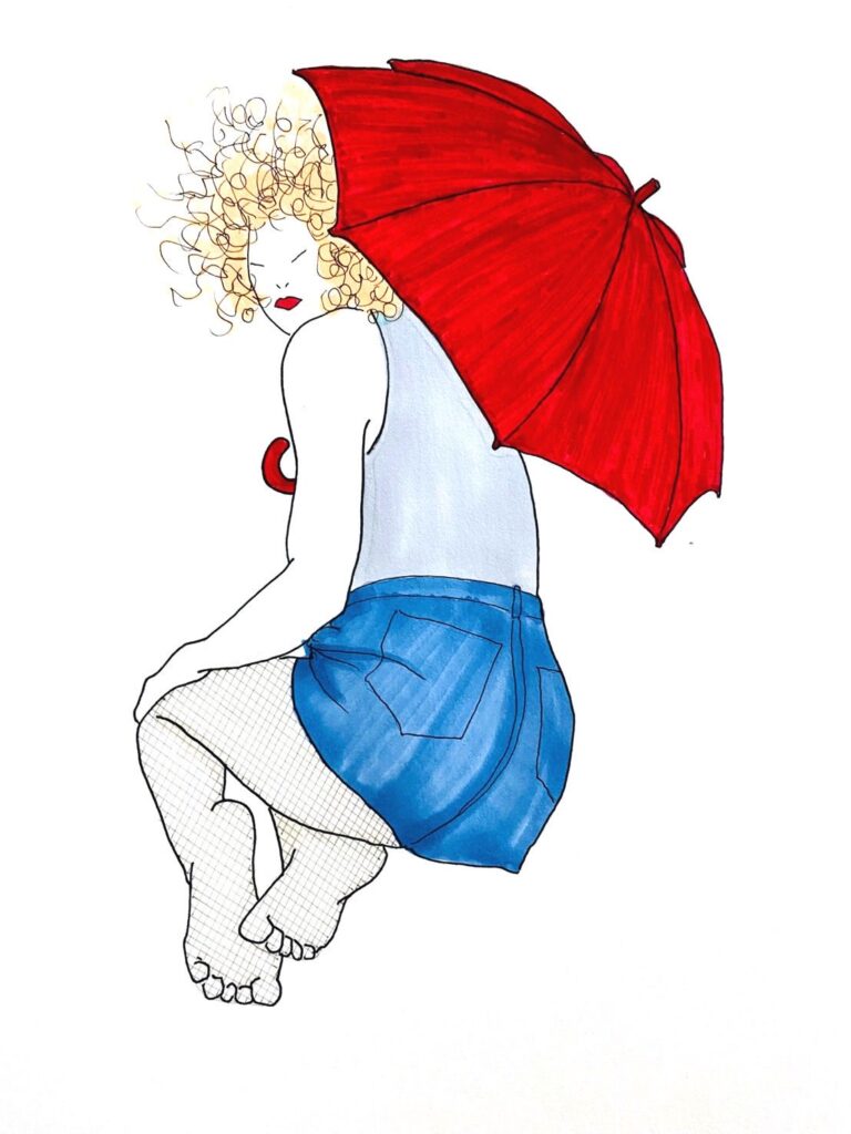 赤い傘を持った人のイラスト。後ろ向きに座り振り返った姿勢。青いミニスカートと網タイツ。
