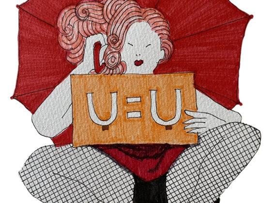 赤い傘を持ち赤いハイヒールを履いた人のイラスト。手にはU=U（HIVは継続的な治療で数値を一定以下にコントロールをすれば感染することはないことの標語）