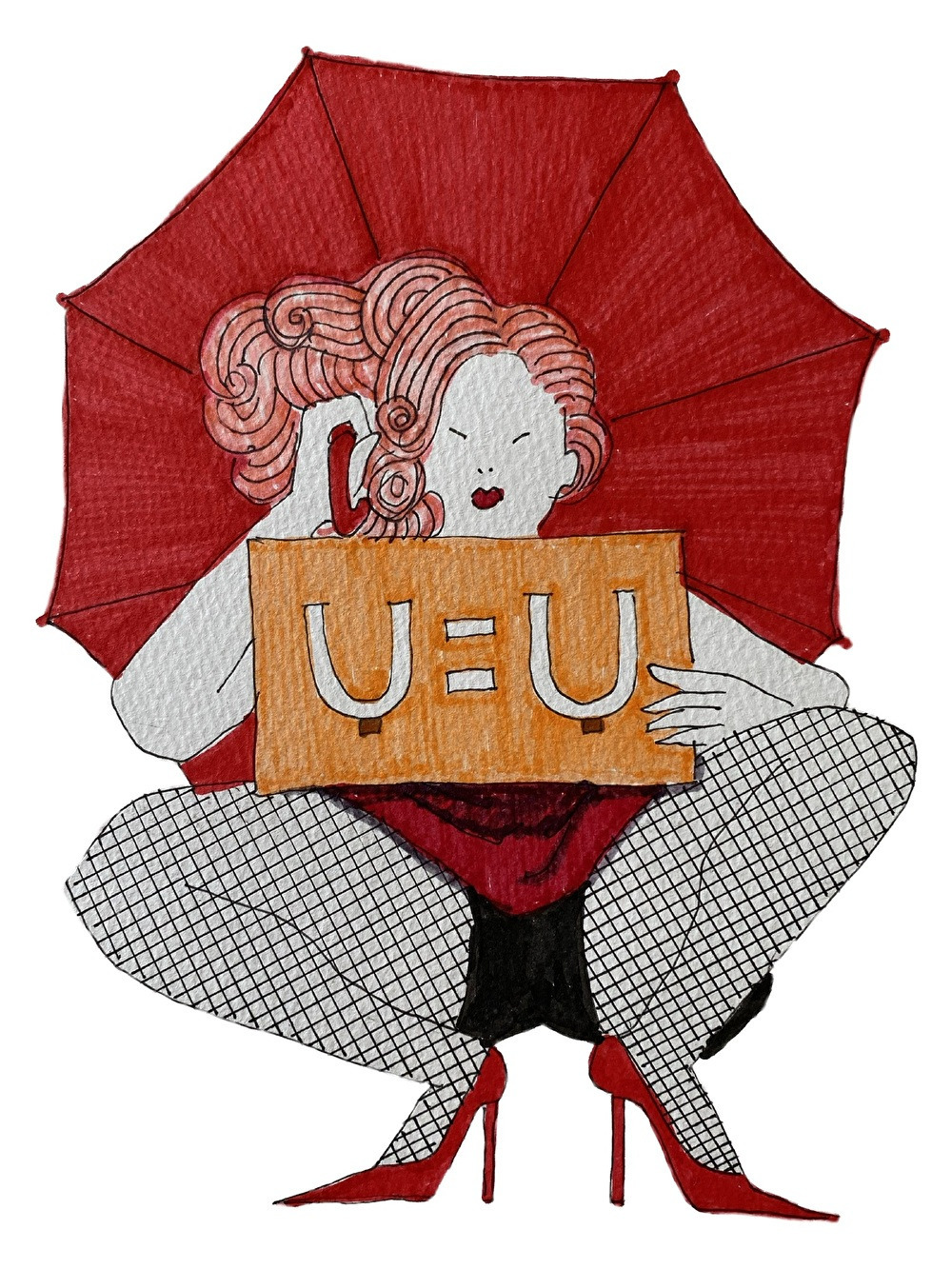 赤い傘を持ち赤いハイヒールを履いた人のイラスト。手にはU=U（HIVは継続的な治療で数値を一定以下にコントロールをすれば感染することはないことの標語）